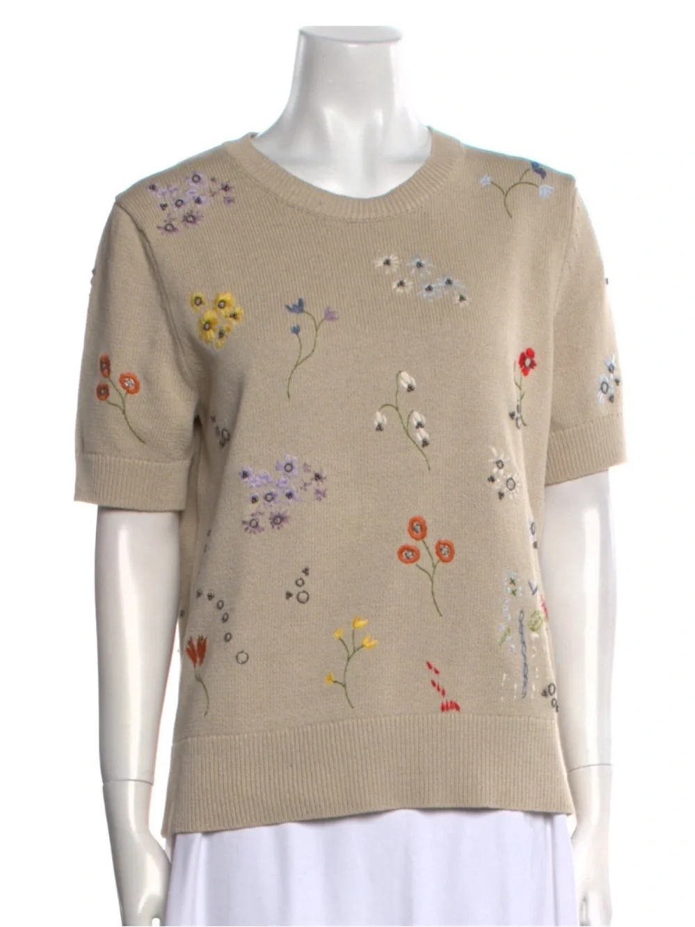 Tory Burch Crew Neck Floral Short Sleeve Sweater